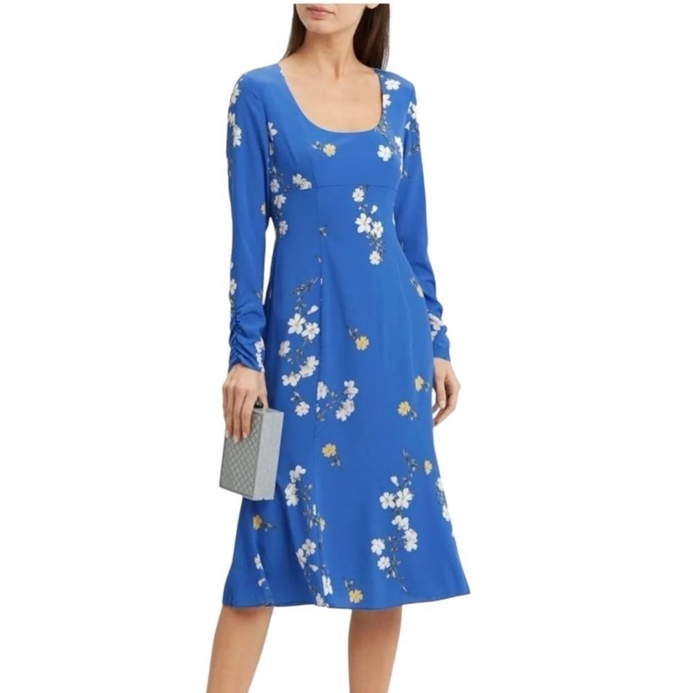 Intermix Mariabella Blue Silk Floral Long Sleeve Scoop Neck Dress Women’s 0